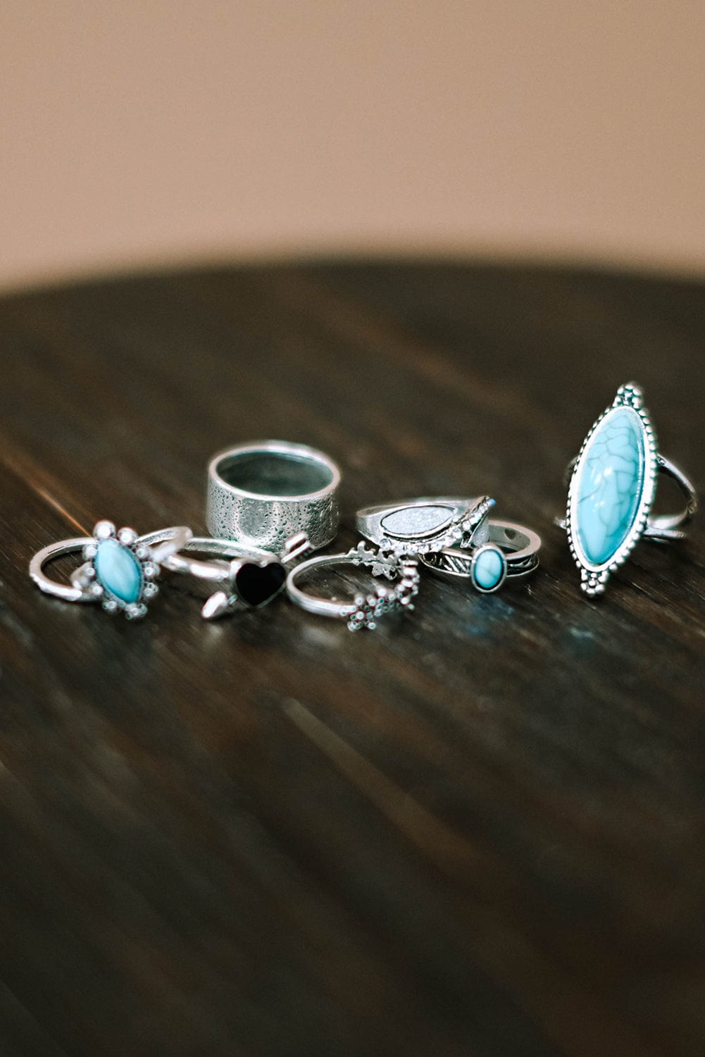 Bohemian Turquoise Rhinestone Ring Collection - Set of 8 Vintage Silver Rings