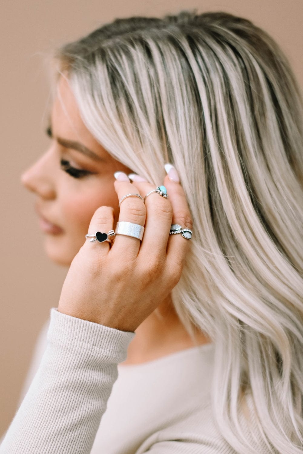 Bohemian Turquoise Rhinestone Ring Collection - Set of 8 Vintage Silver Rings
