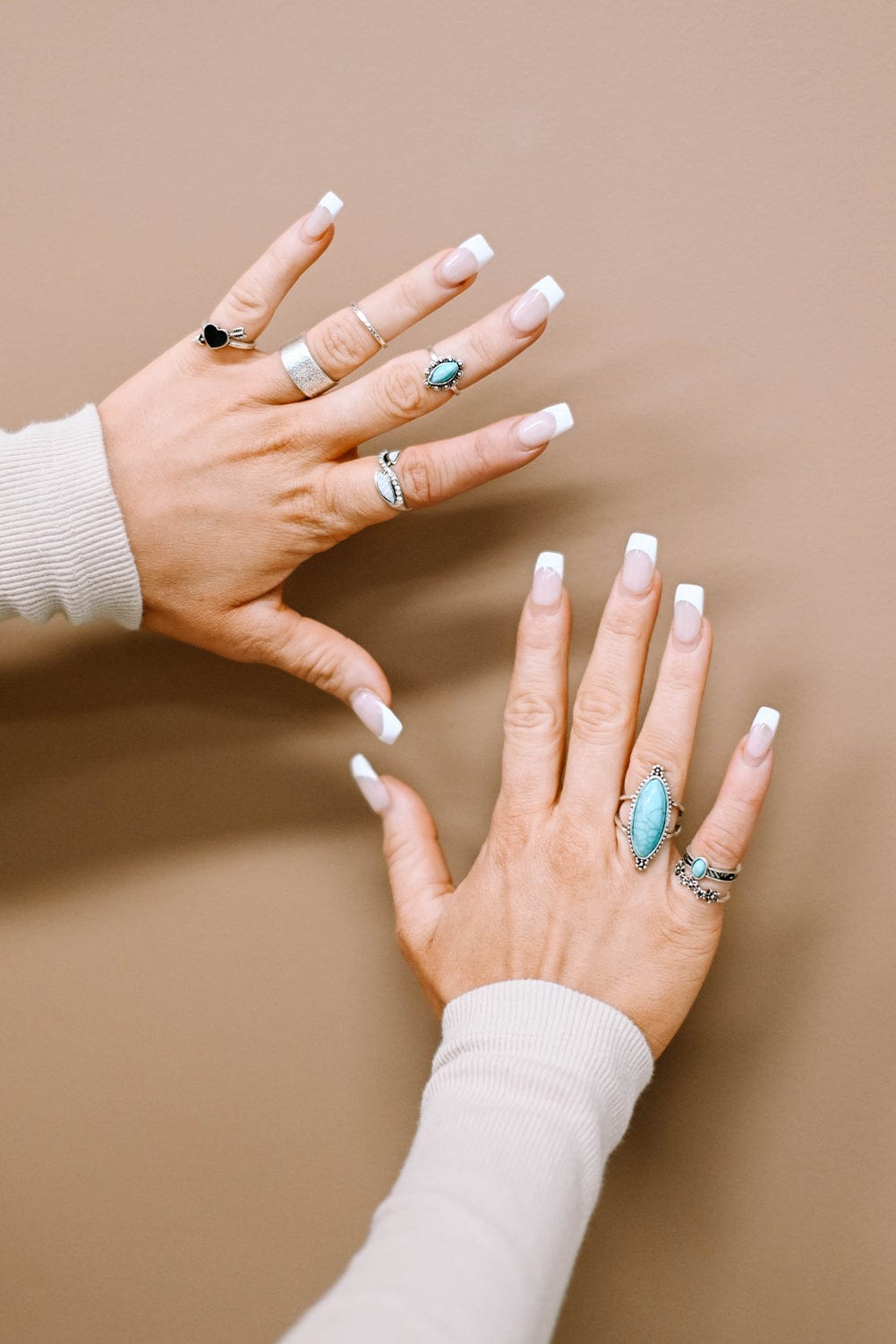 Bohemian Turquoise Rhinestone Ring Collection - Set of 8 Vintage Silver Rings