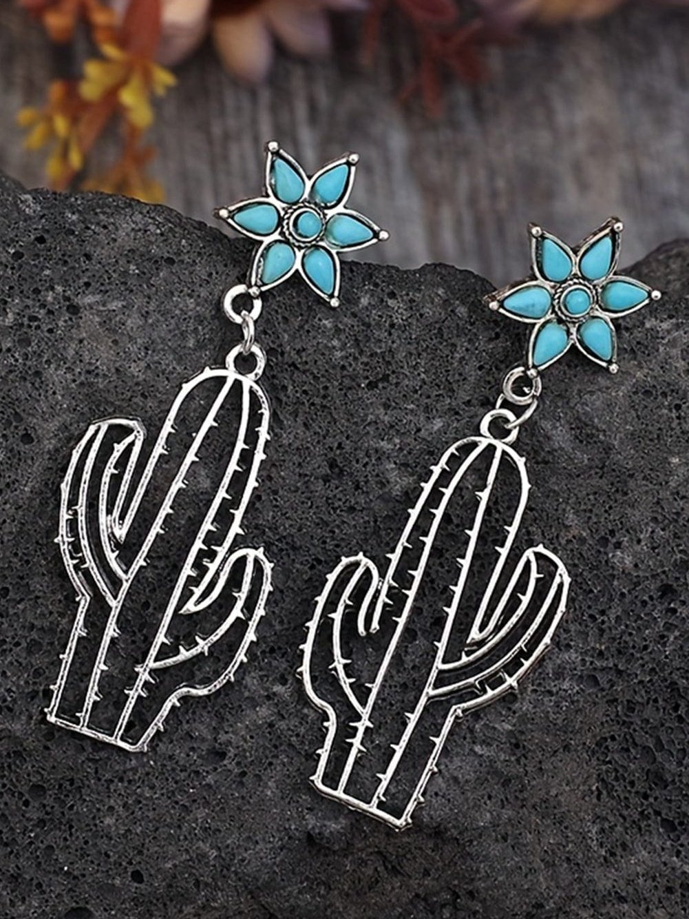Turquoise Flower and Cactus Western Dangle Earrings
