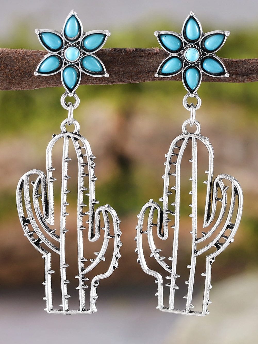 Turquoise Flower and Cactus Western Dangle Earrings