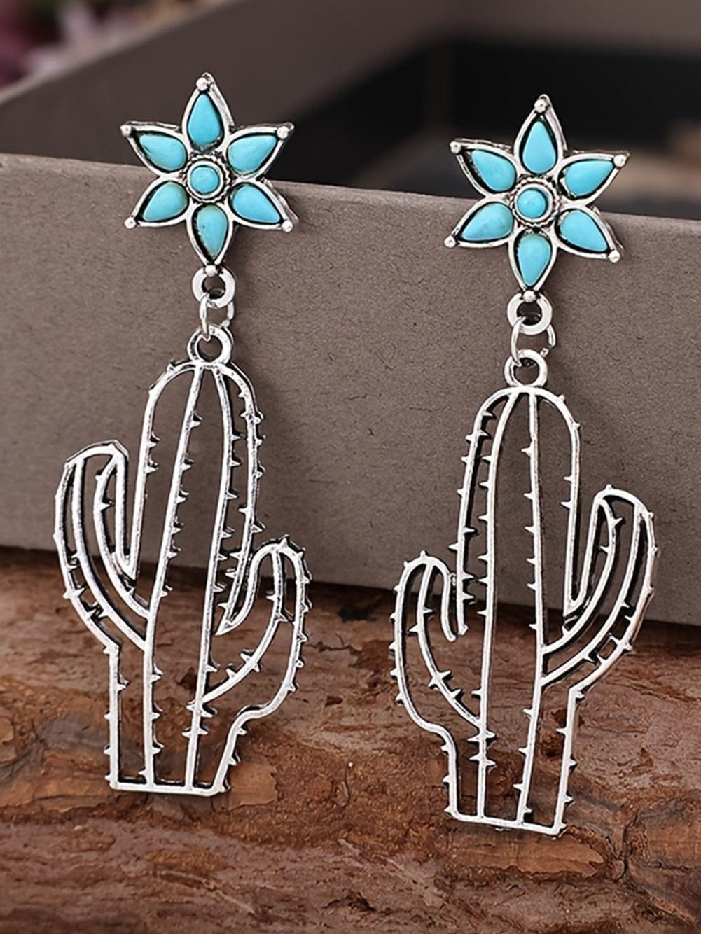 Turquoise Flower and Cactus Western Dangle Earrings