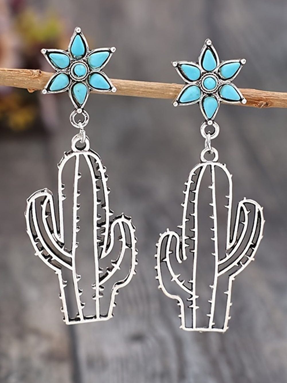 Turquoise Flower and Cactus Western Dangle Earrings