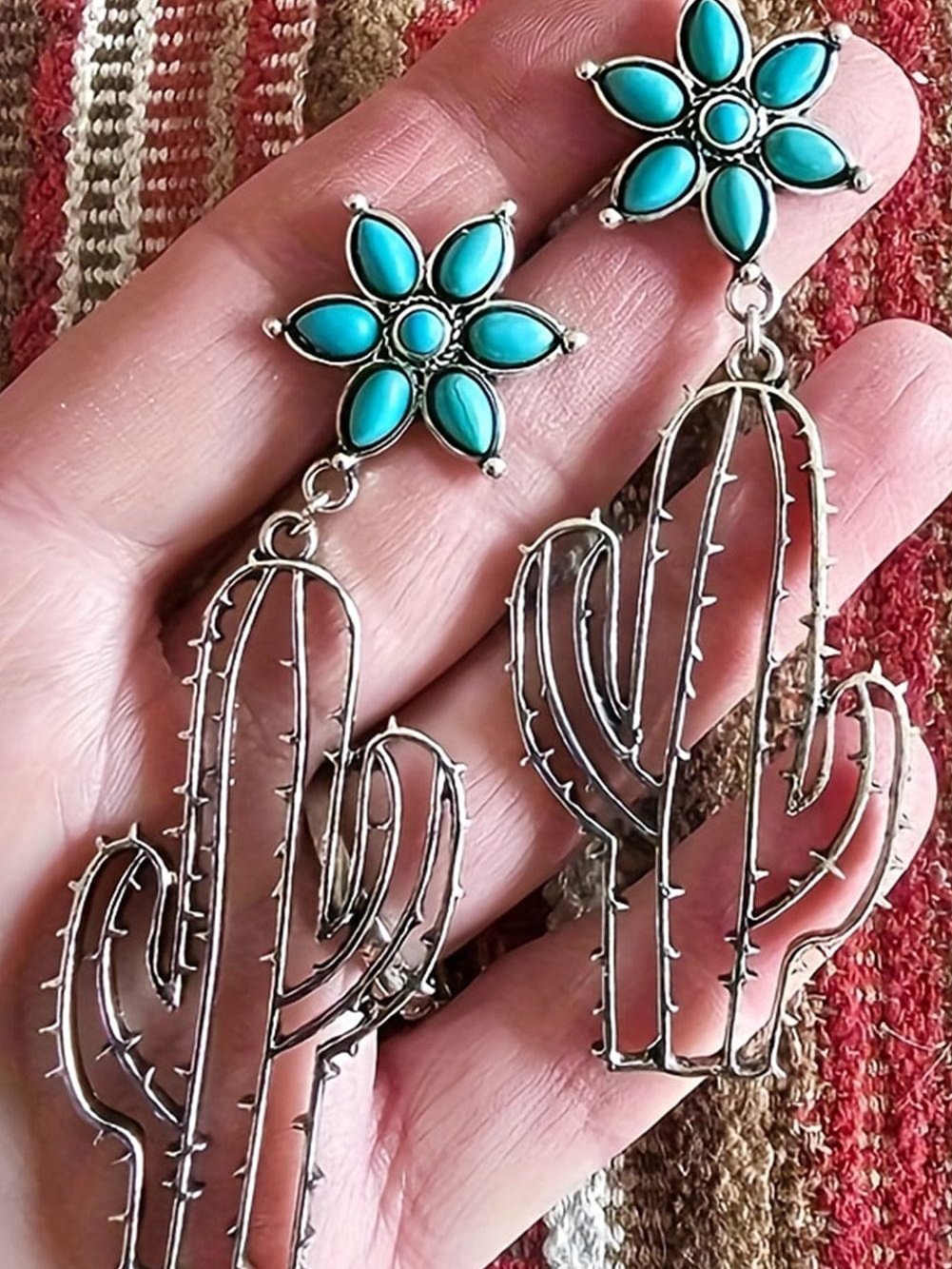 Turquoise Flower and Cactus Western Dangle Earrings