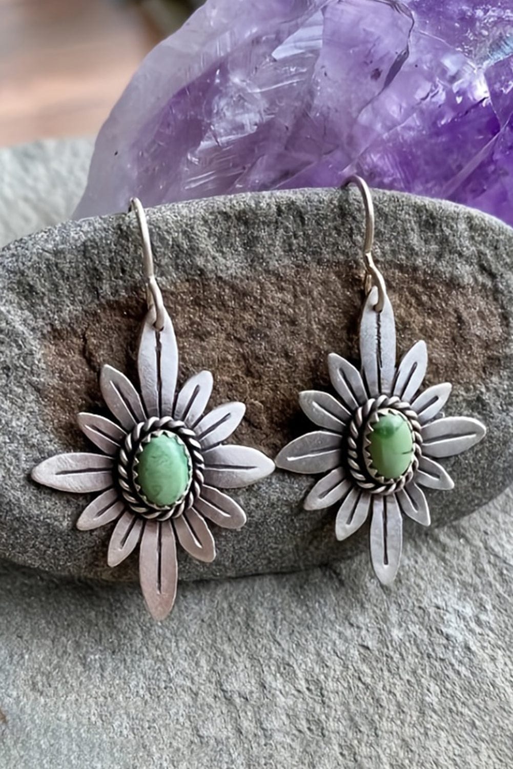Turquoise Floral Western Silvery Hook Earrings