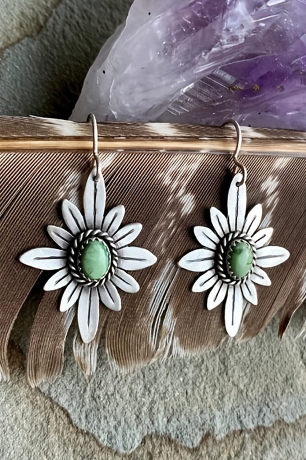 Turquoise Floral Western Silvery Hook Earrings