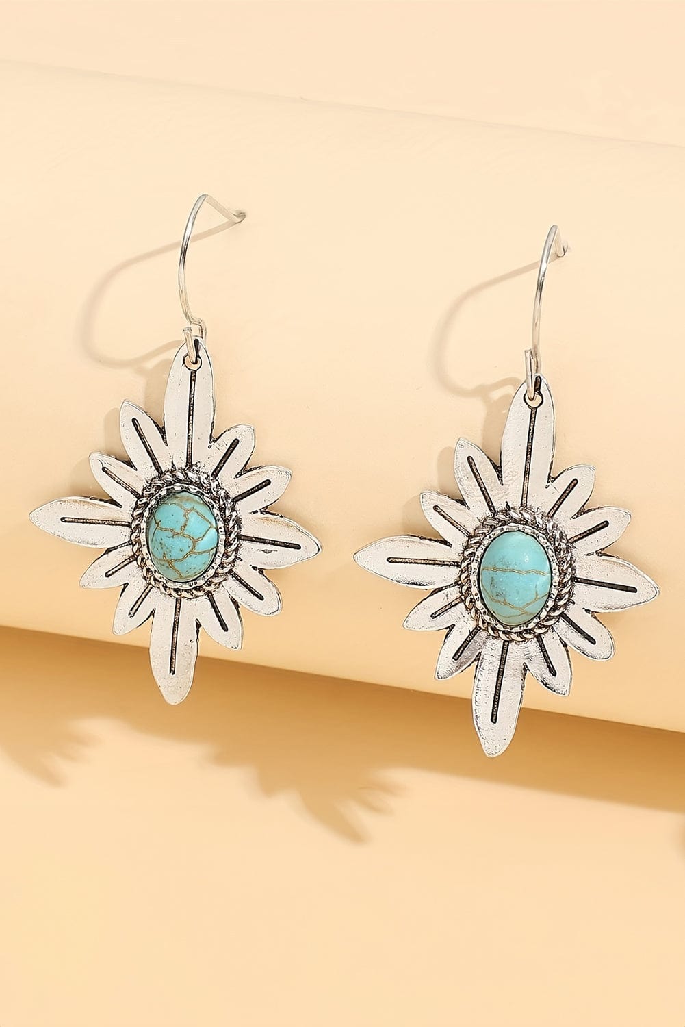 Turquoise Floral Western Silvery Hook Earrings