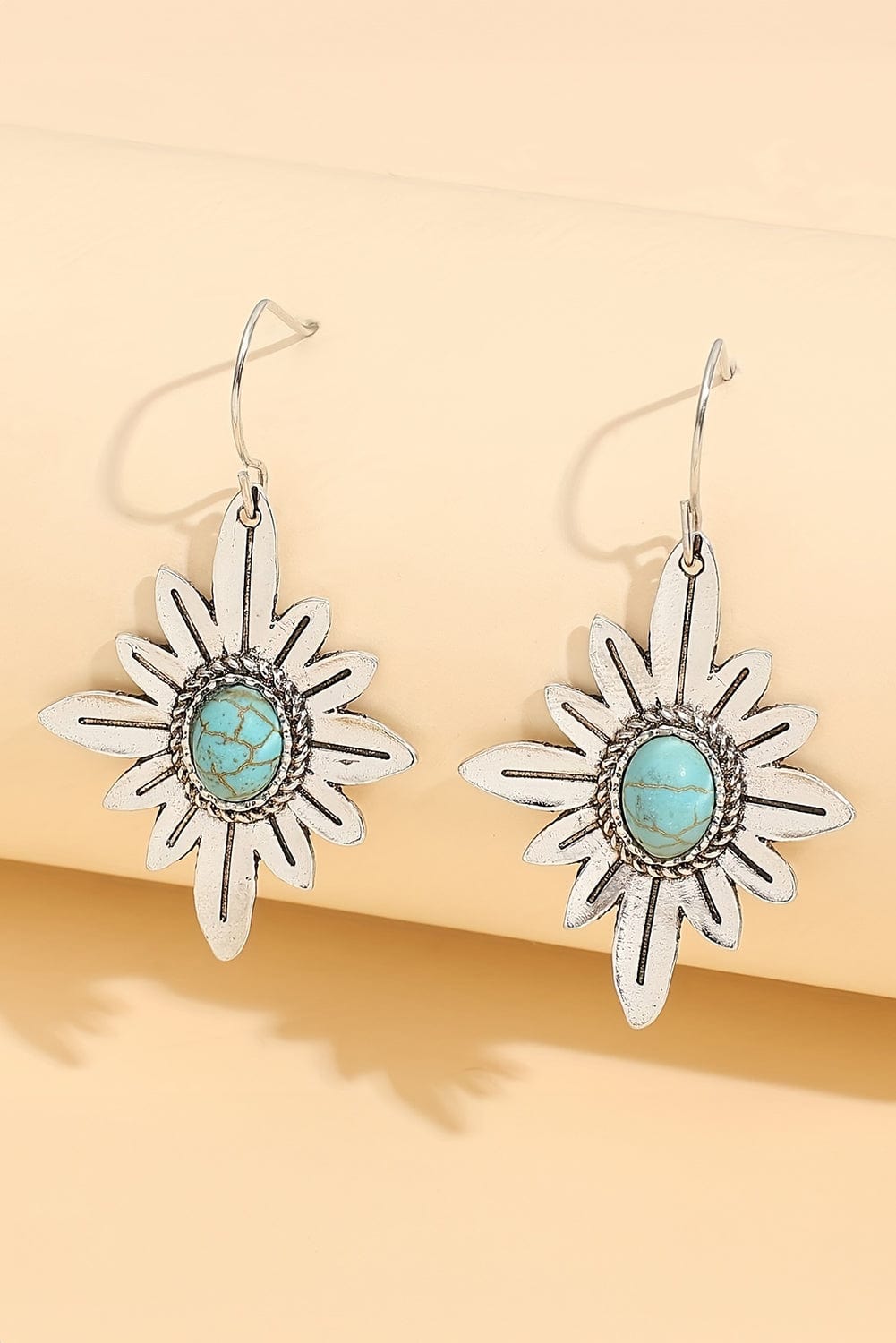 Turquoise Floral Western Silvery Hook Earrings