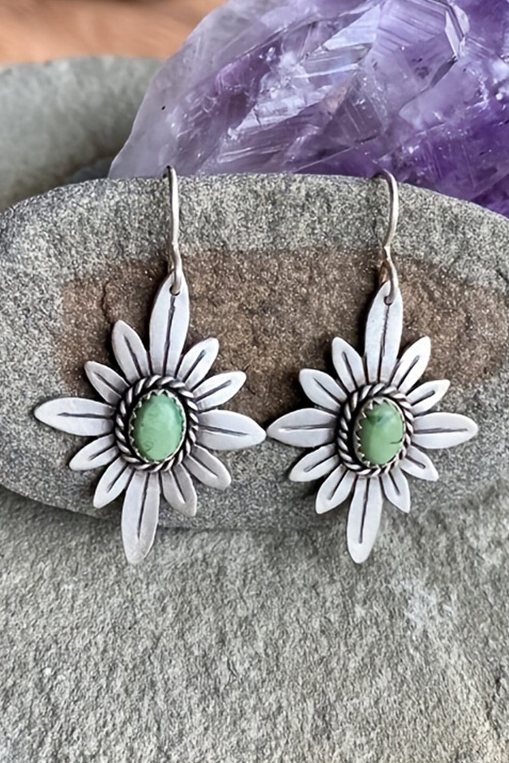 Turquoise Floral Western Silvery Hook Earrings