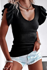 Black Scoop Neck T-Shirt with Puff Sleeves