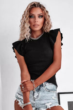 Black Scoop Neck T-Shirt with Puff Sleeves