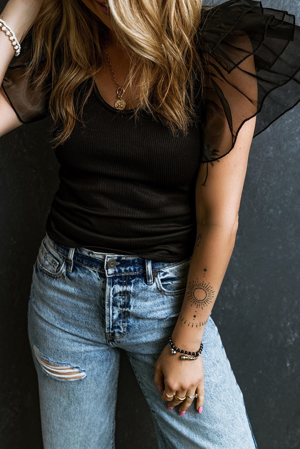 Black Scoop Neck T-Shirt with Puff Sleeves