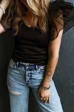 Black Scoop Neck T-Shirt with Puff Sleeves