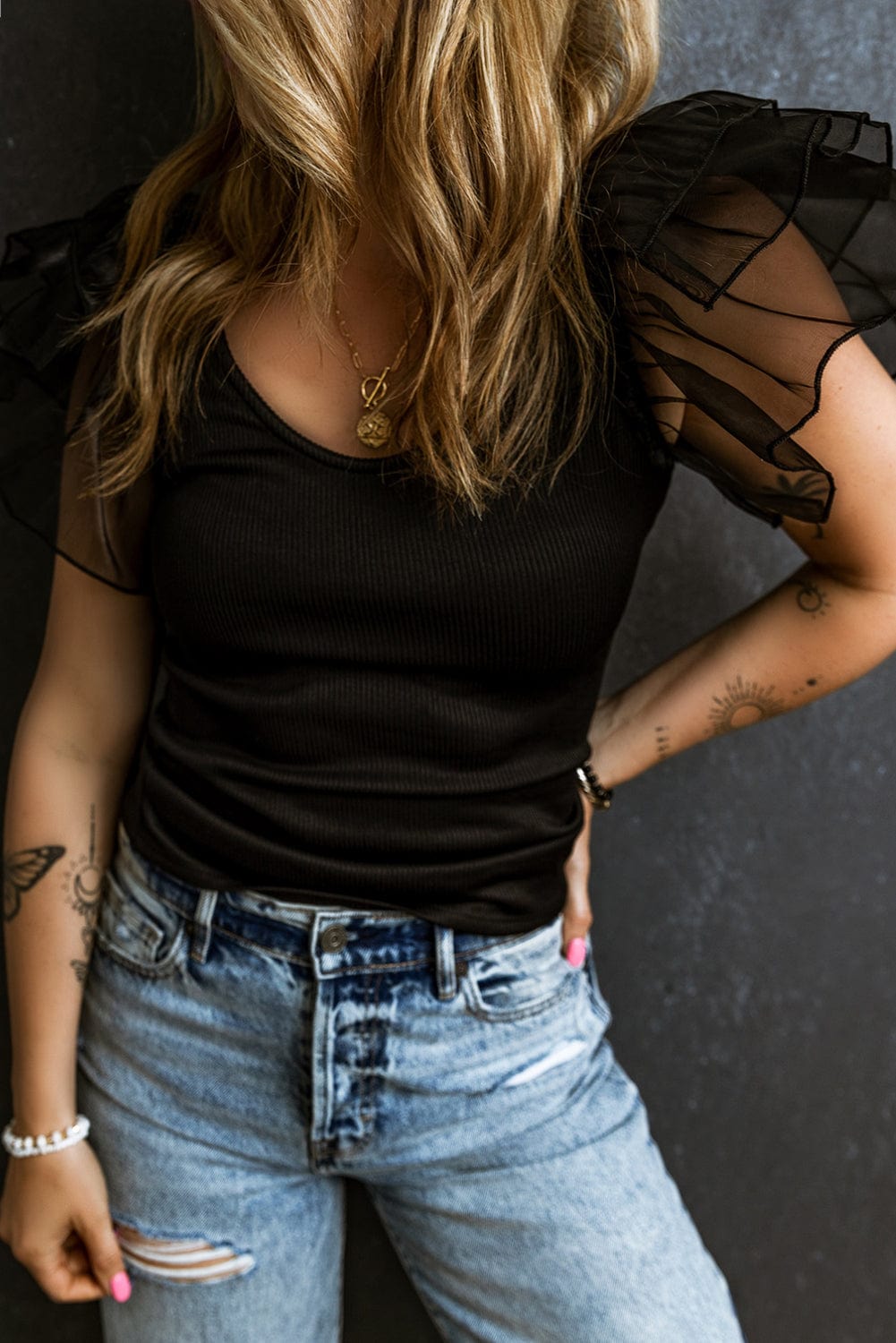 Black Scoop Neck T-Shirt with Puff Sleeves