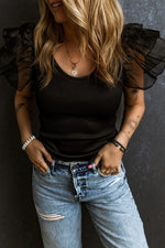 Black Scoop Neck T-Shirt with Puff Sleeves