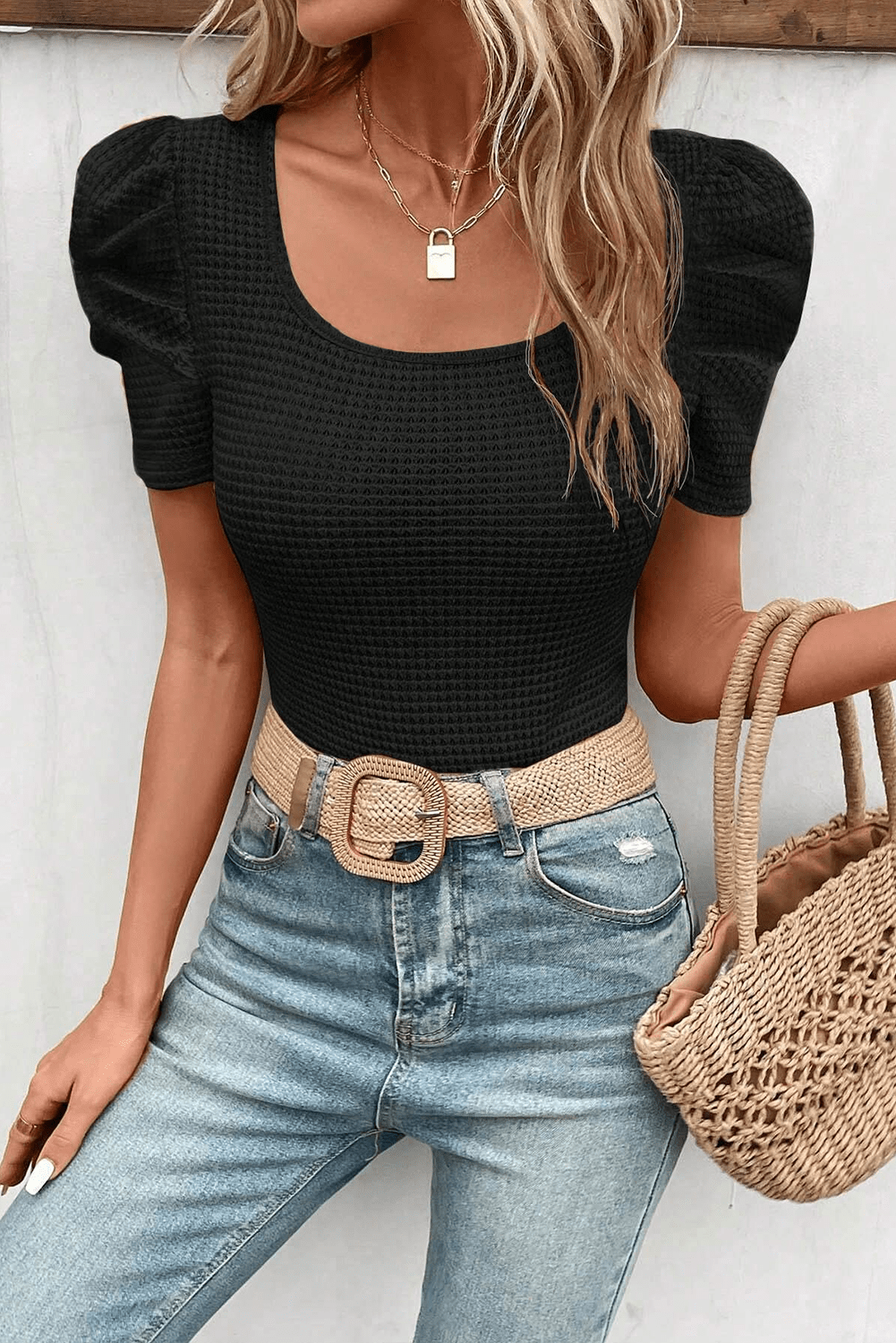 Black Scoop Neck T-Shirt with Puff Sleeves