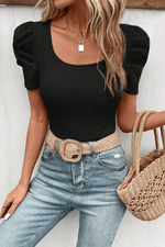 Black Scoop Neck T-Shirt with Puff Sleeves