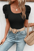 Black Scoop Neck T-Shirt with Puff Sleeves