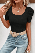 Black Scoop Neck T-Shirt with Puff Sleeves