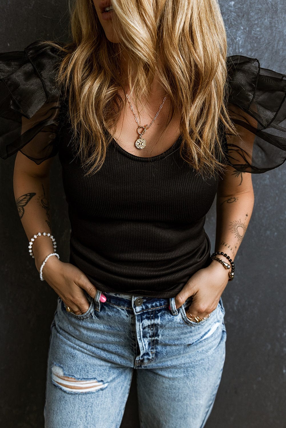 Black Scoop Neck T-Shirt with Puff Sleeves
