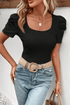 Black Scoop Neck T-Shirt with Puff Sleeves