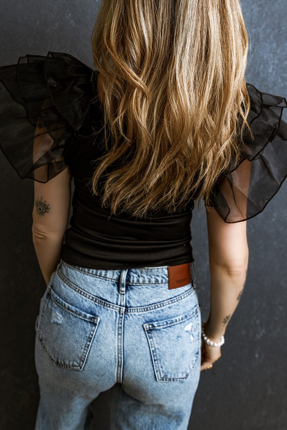 Black Scoop Neck T-Shirt with Puff Sleeves