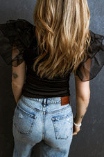 Black Scoop Neck T-Shirt with Puff Sleeves