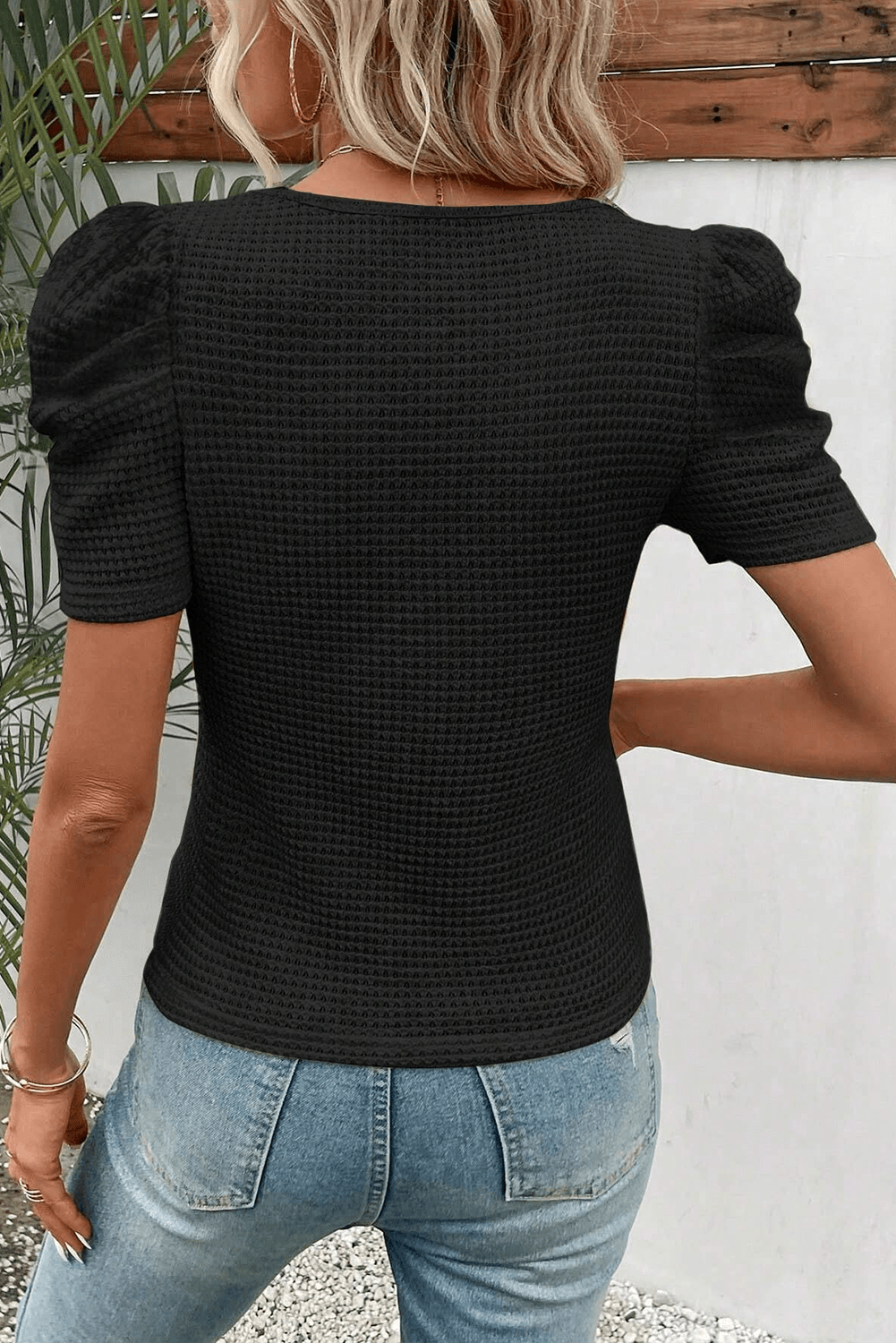 Black Scoop Neck T-Shirt with Puff Sleeves