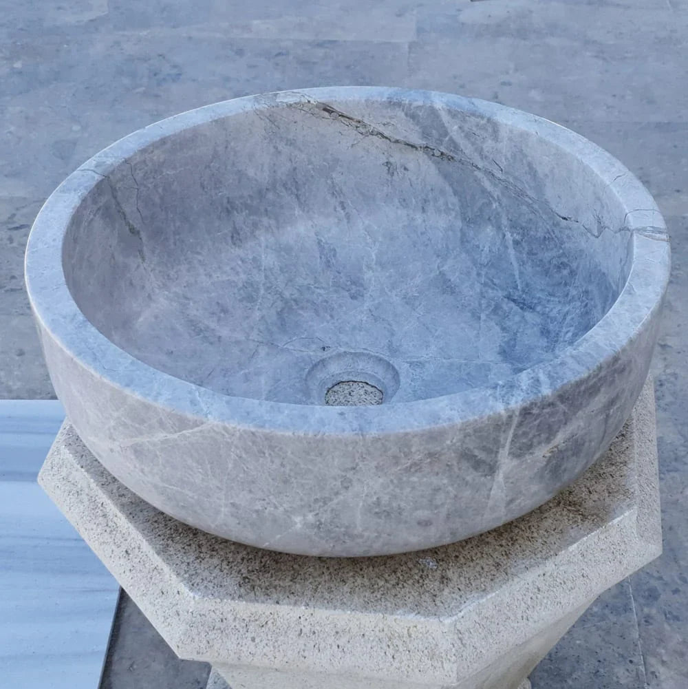Lavabo sobre lavabo de baño de piedra natural de mármol plateado Sirius (diámetro de 16