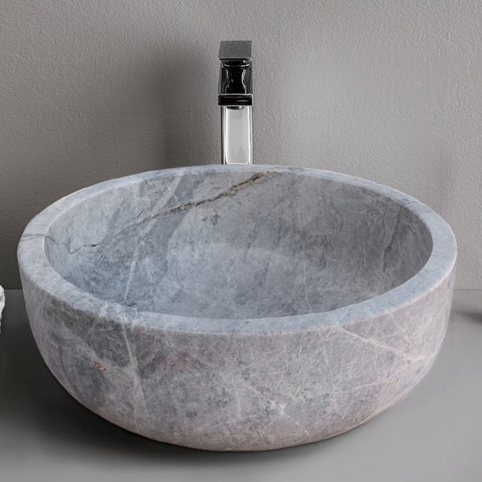 Lavabo sobre lavabo de baño de piedra natural de mármol plateado Sirius (diámetro de 16