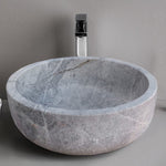 Lavabo sobre lavabo de baño de piedra natural de mármol plateado Sirius (diámetro de 16" y alto de 6")