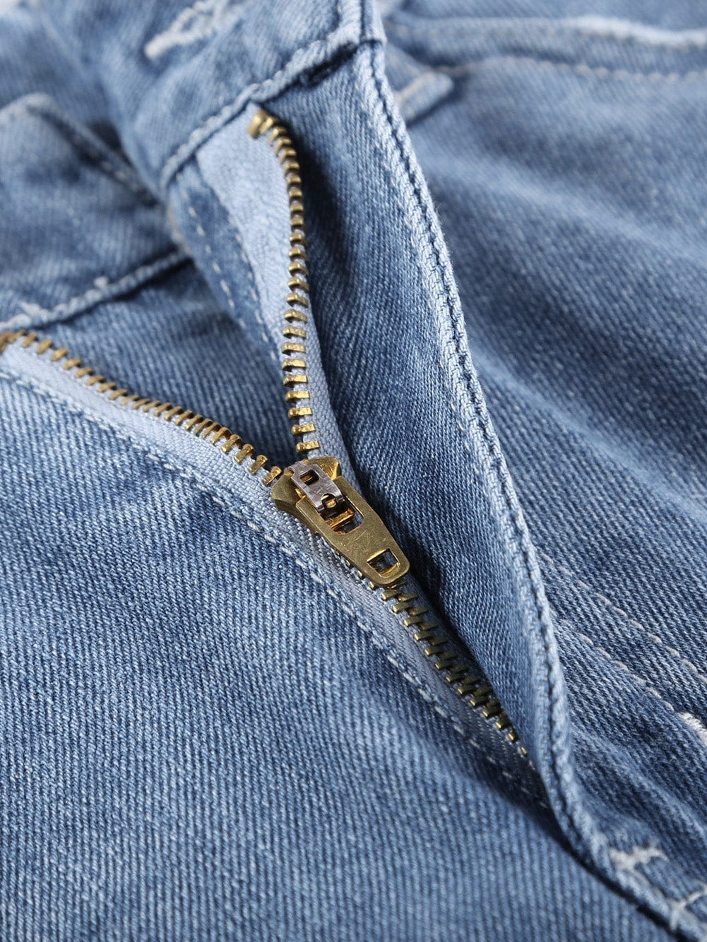 Sky Blue Denim Shorts with Distressed Front and Raw Roll Hemline