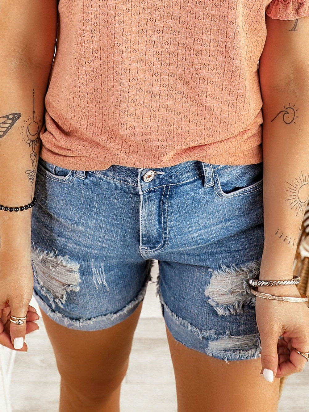 Sky Blue Denim Shorts with Distressed Front and Raw Roll Hemline