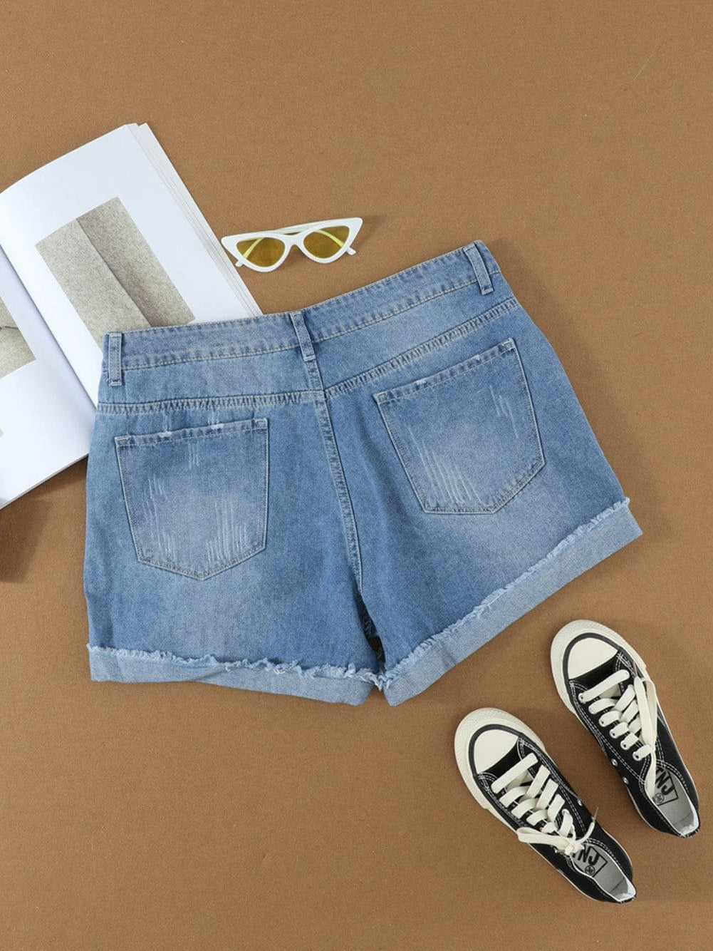 Sky Blue Denim Shorts with Distressed Front and Raw Roll Hemline