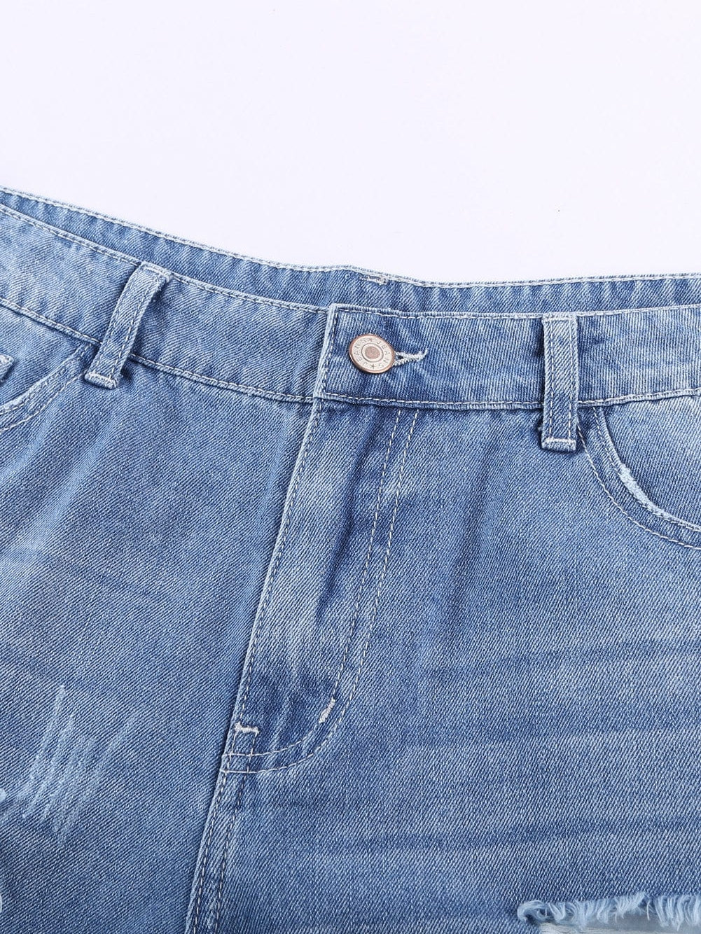 Sky Blue Denim Shorts with Distressed Front and Raw Roll Hemline