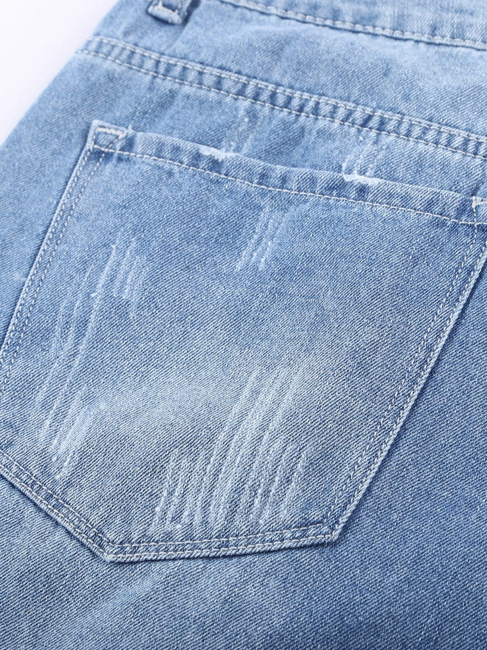 Sky Blue Denim Shorts with Distressed Front and Raw Roll Hemline