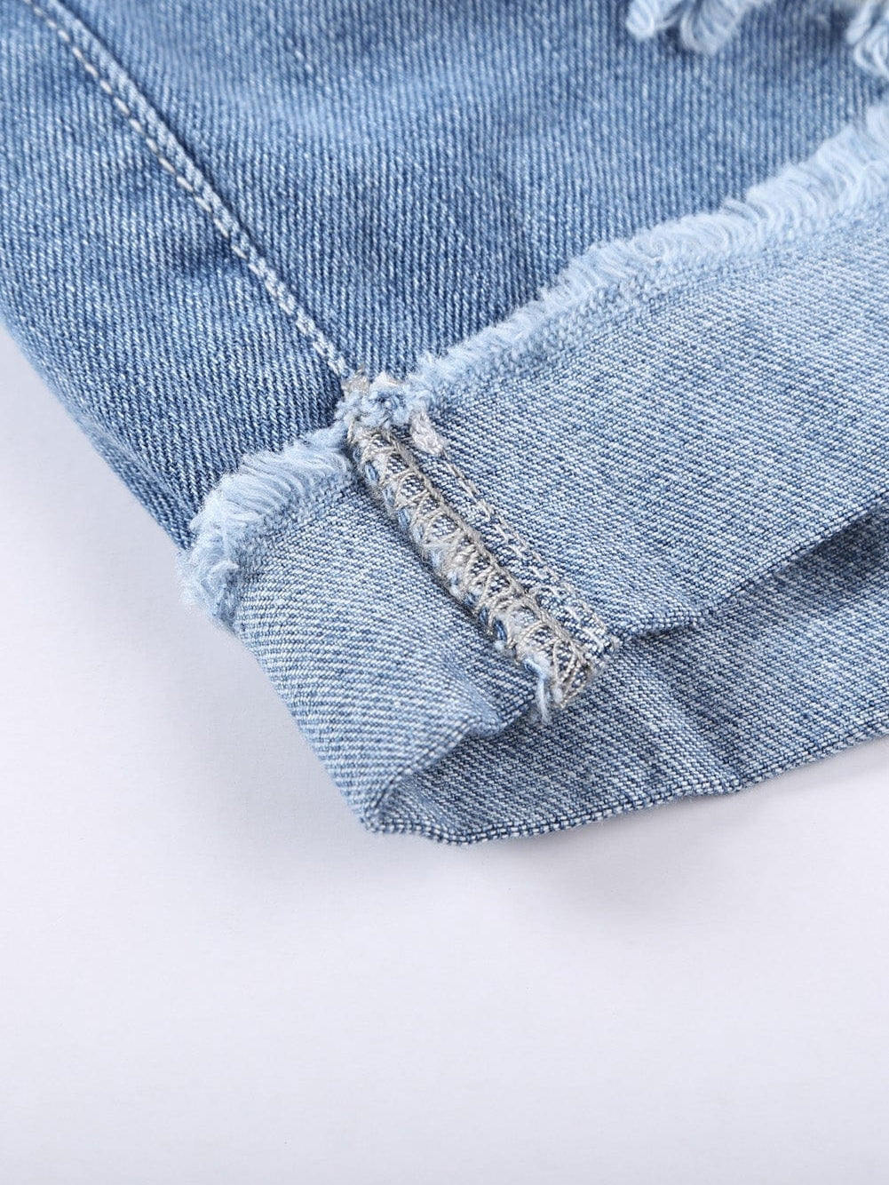 Sky Blue Denim Shorts with Distressed Front and Raw Roll Hemline