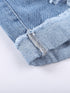 Sky Blue Denim Shorts with Distressed Front and Raw Roll Hemline