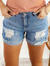 Sky Blue Denim Shorts with Distressed Front and Raw Roll Hemline