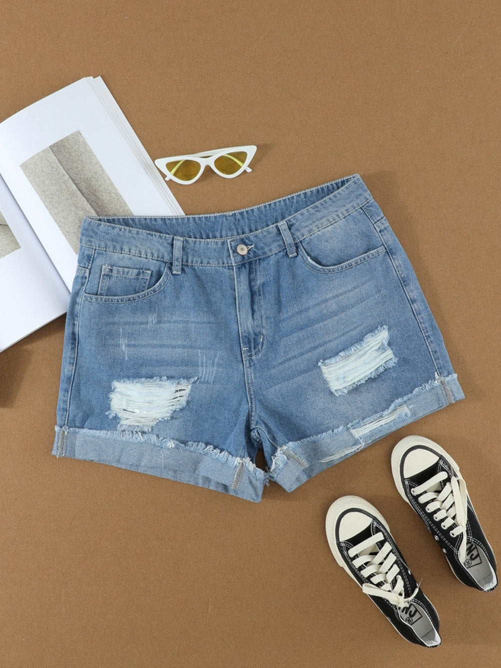 Sky Blue Denim Shorts with Distressed Front and Raw Roll Hemline