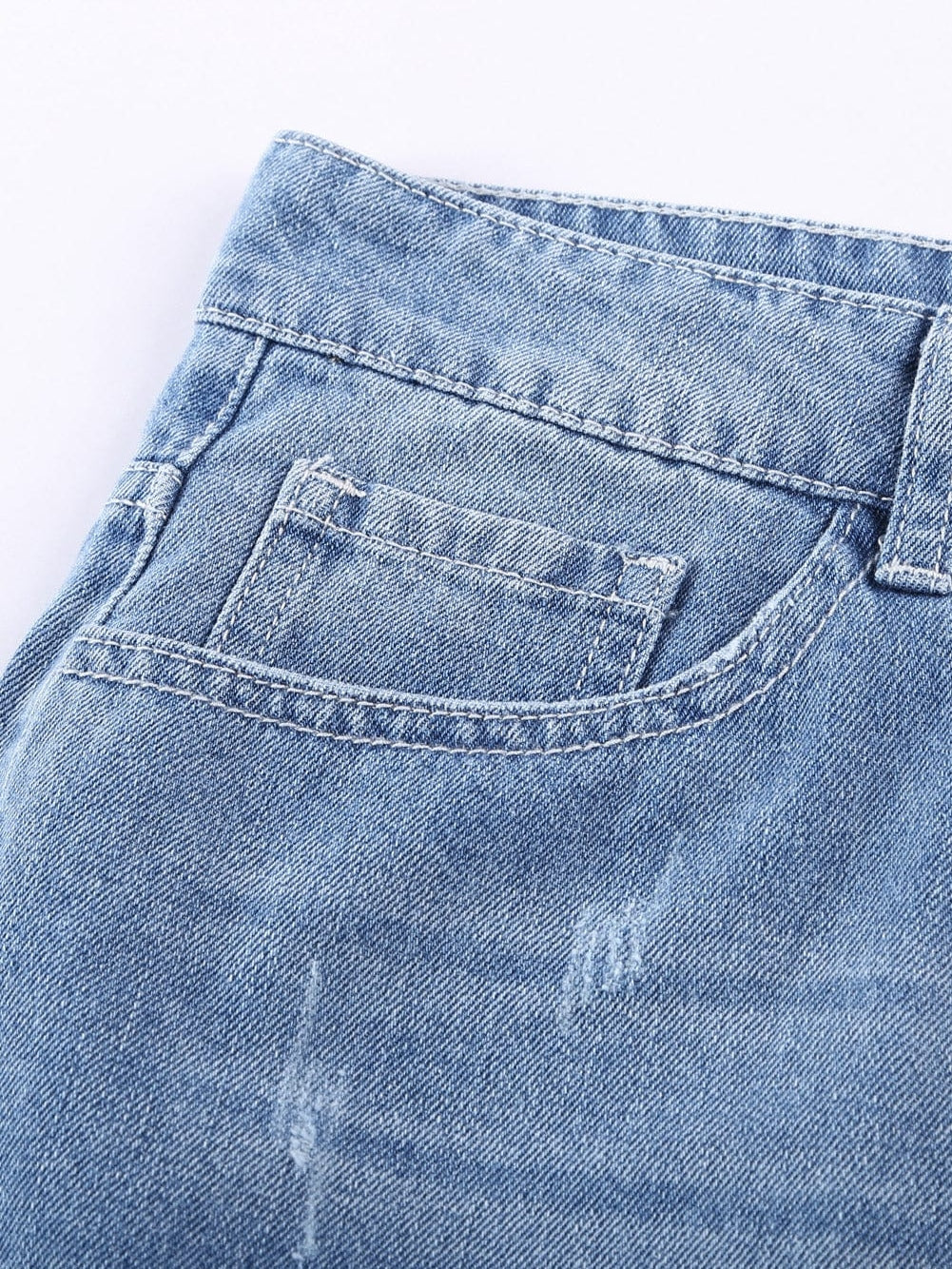 Sky Blue Denim Shorts with Distressed Front and Raw Roll Hemline