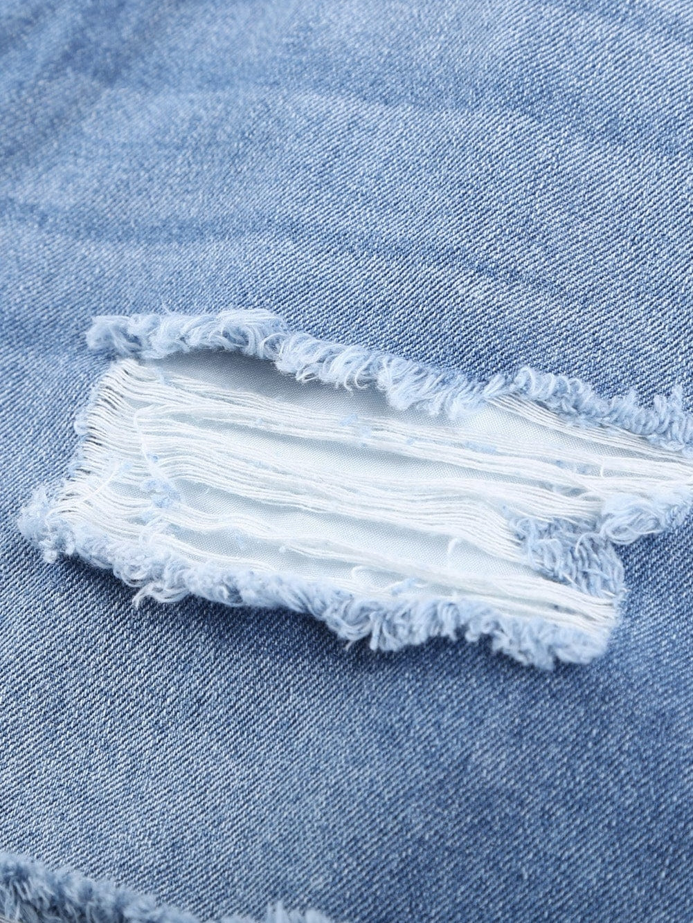 Sky Blue Denim Shorts with Distressed Front and Raw Roll Hemline