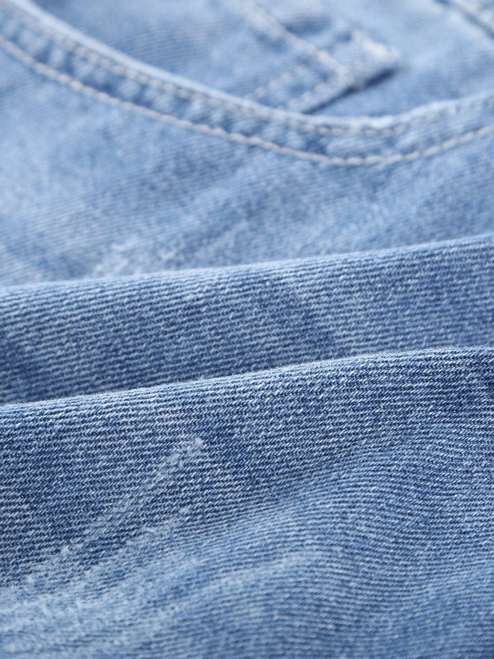 Sky Blue Denim Shorts with Distressed Front and Raw Roll Hemline