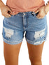 Sky Blue Denim Shorts with Distressed Front and Raw Roll Hemline