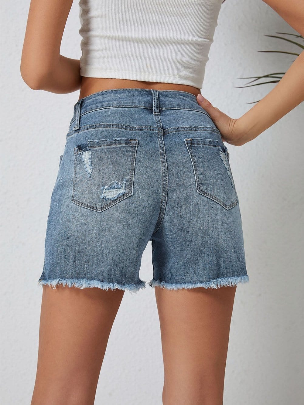 Sky Blue Distressed High Waist Denim Shorts