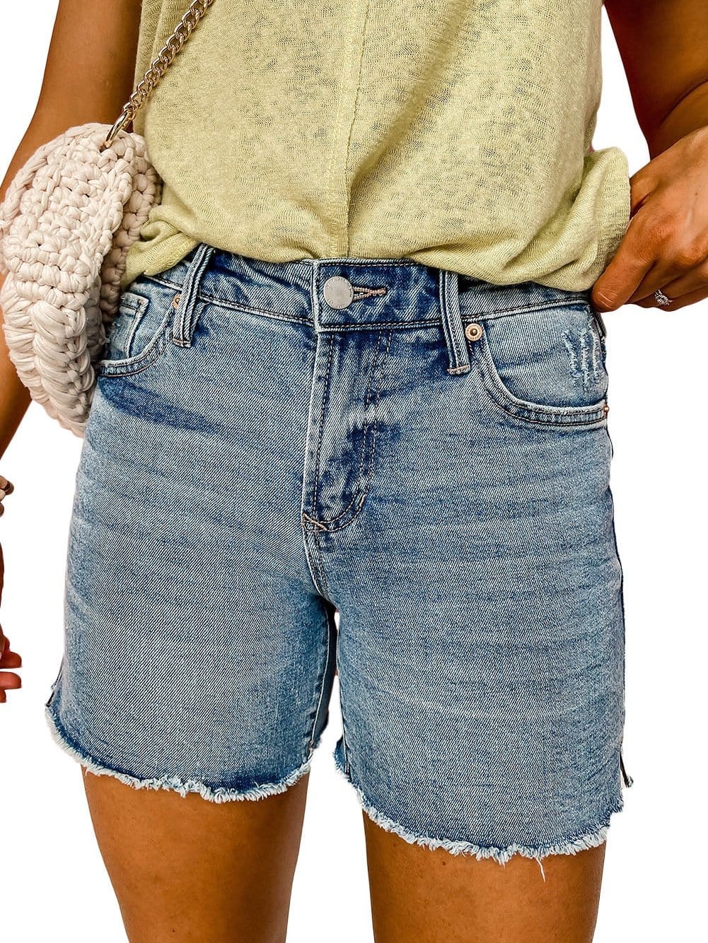Sky Blue Distressed High Waist Denim Shorts
