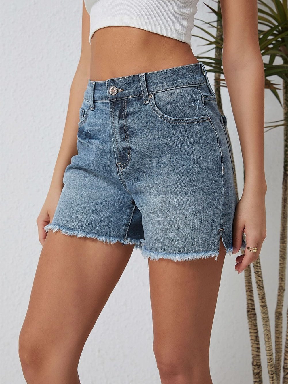 Sky Blue Distressed High Waist Denim Shorts