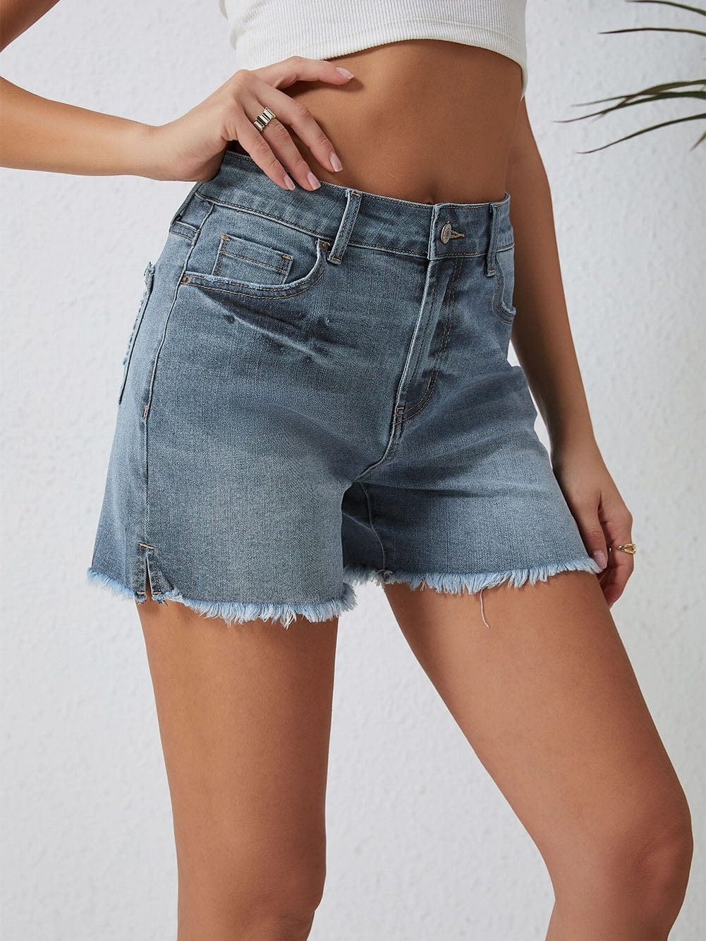 Sky Blue Distressed High Waist Denim Shorts