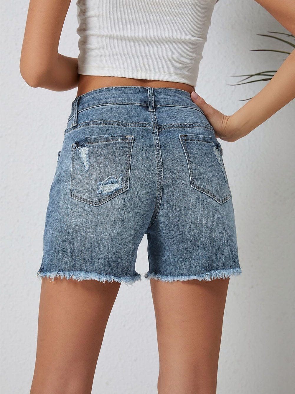 Sky Blue Distressed High Waist Denim Shorts