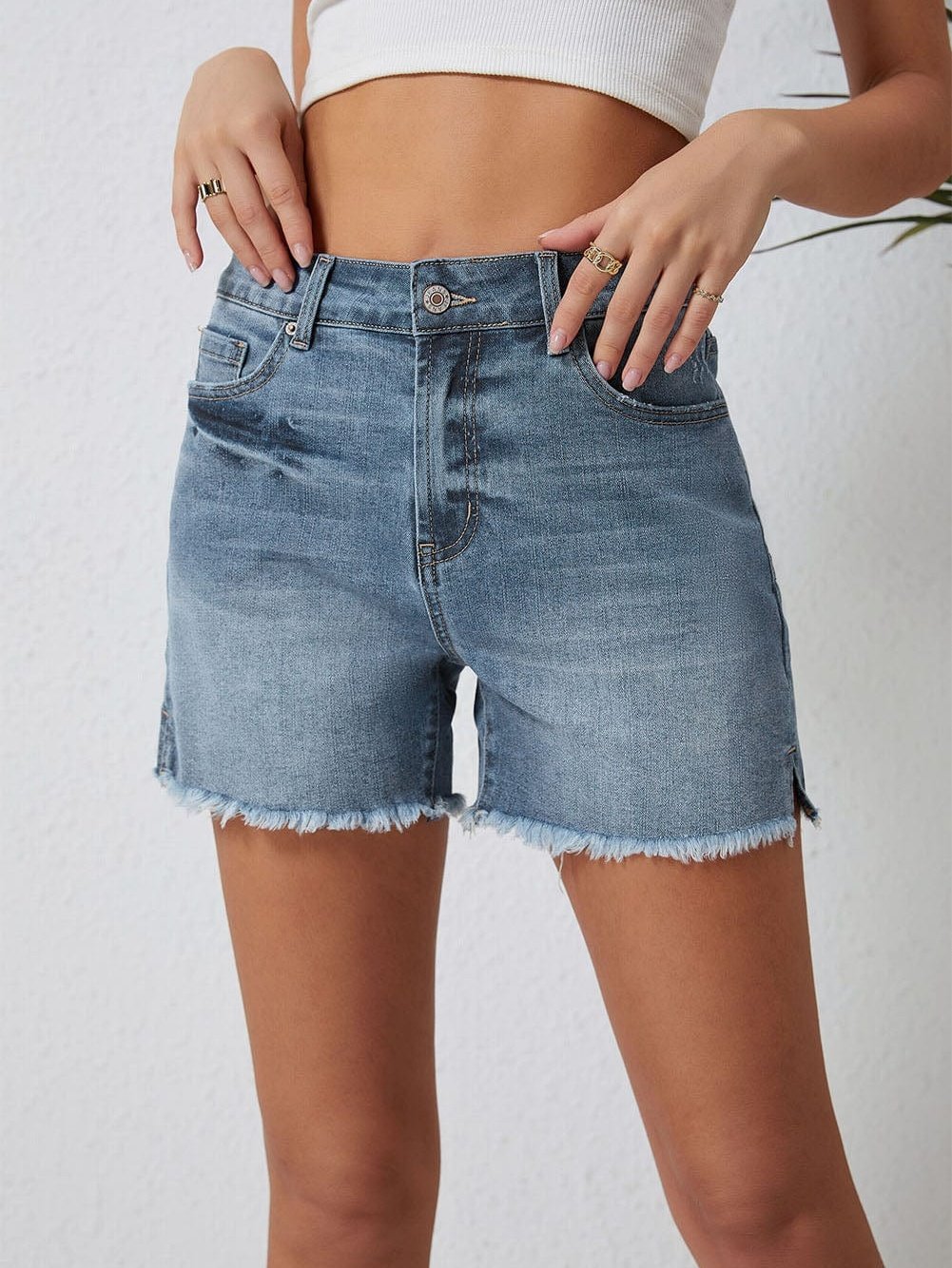 Sky Blue Distressed High Waist Denim Shorts